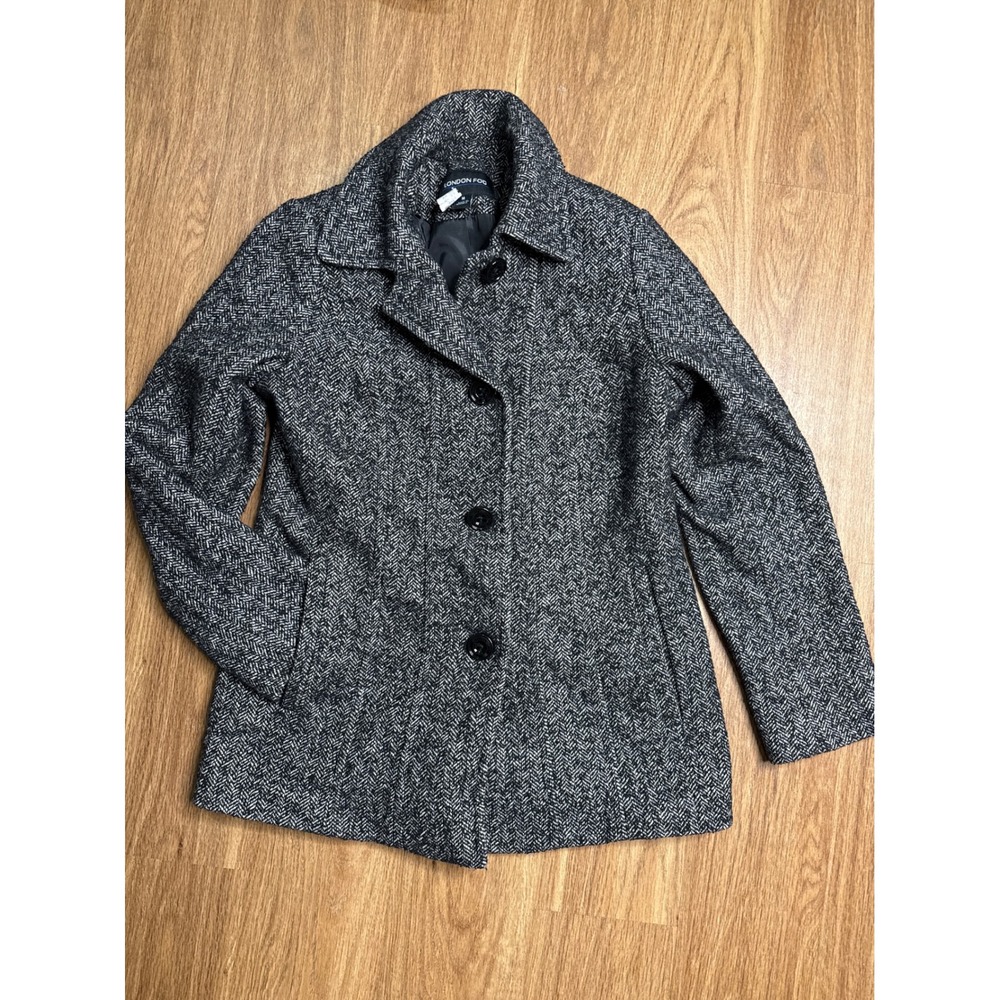 London Fog Womens Black White Herringbone‎ Button Front Pea Coat Jacket Size M